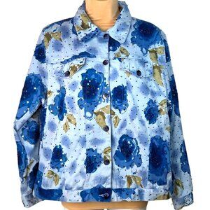 Redd Jeans Womens Floral Jacket Size 12 Blue & Gold Rose Print Embellished With